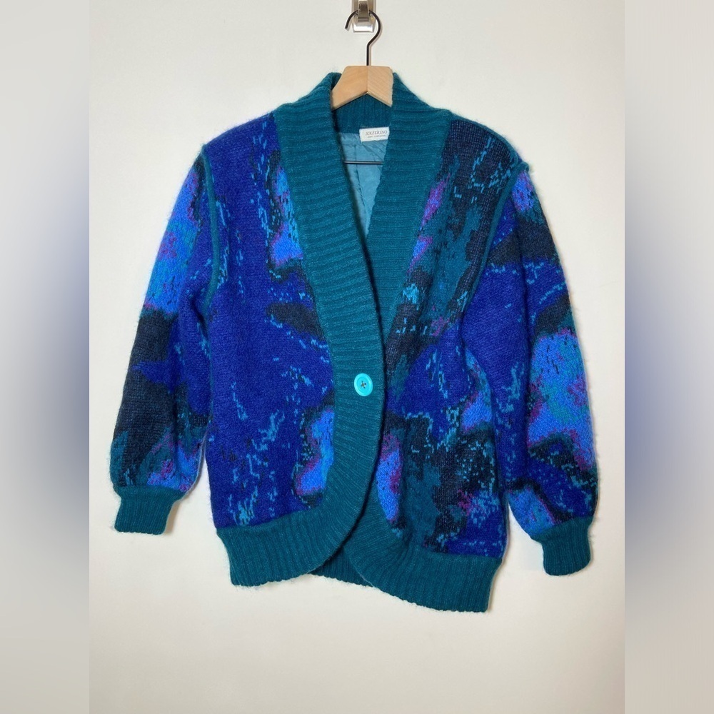 Vintage Solferino Womens Cardigan Jacket Size M Wool/mohair Blue Purple Floral